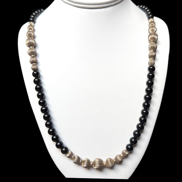 Vintage Sterling Silver Native Pearl Black Onyx Beaded Necklace 34in Chain 925 - Picture 2 of 16